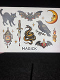 Witchy Tattoo Flash Stickers | Black Cat, Bat, Snake, Moon Designs