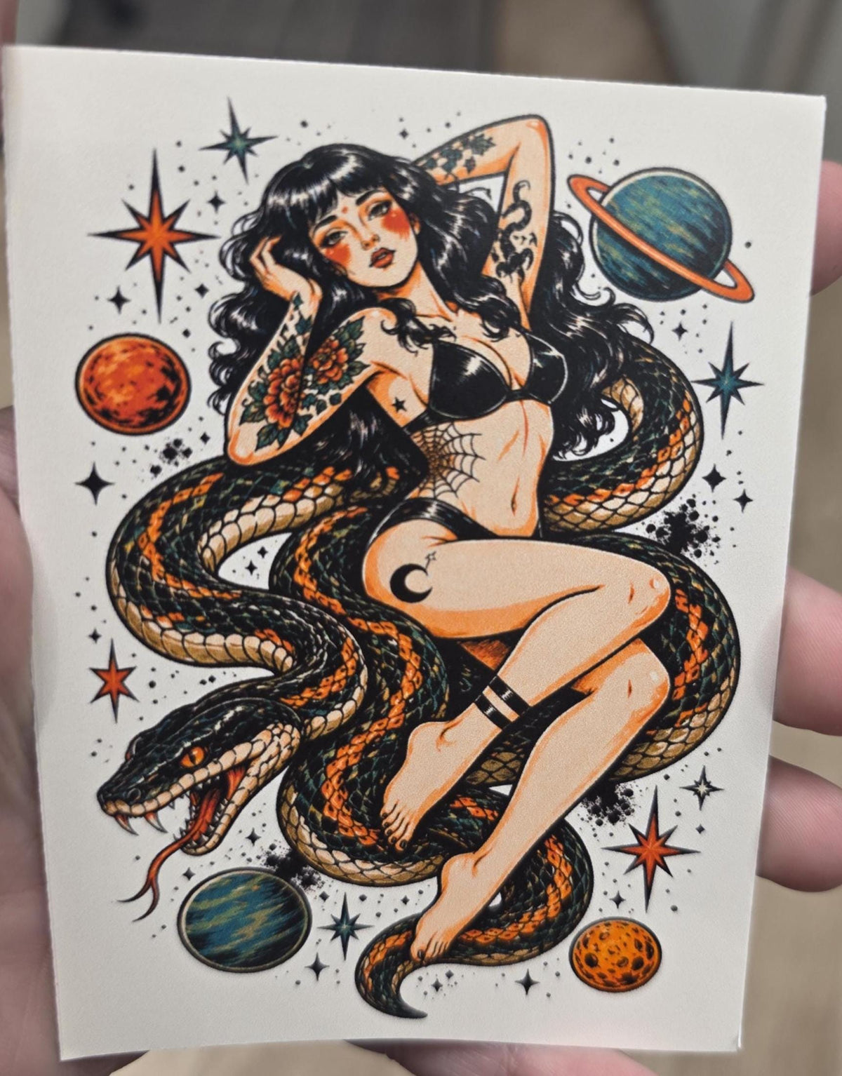 Cosmic Snake Goddess Sticker | Tattoo Flash Pin-Up Vinyl Sticker | Witchy Space Babe Art | Dark Feminine Traditional Tattoo Style Decal
