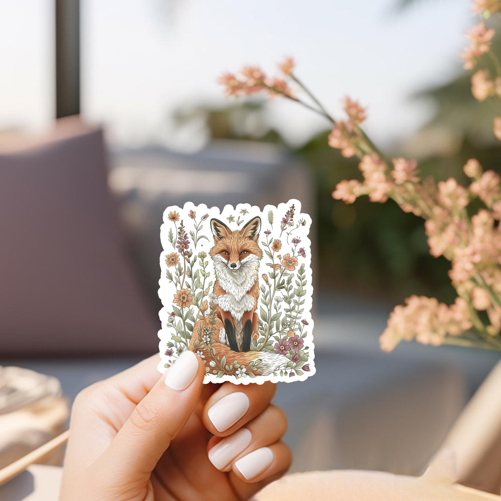 Floral Fox Sticker: Waterproof Vinyl Decal for Laptop, Water Bottle
