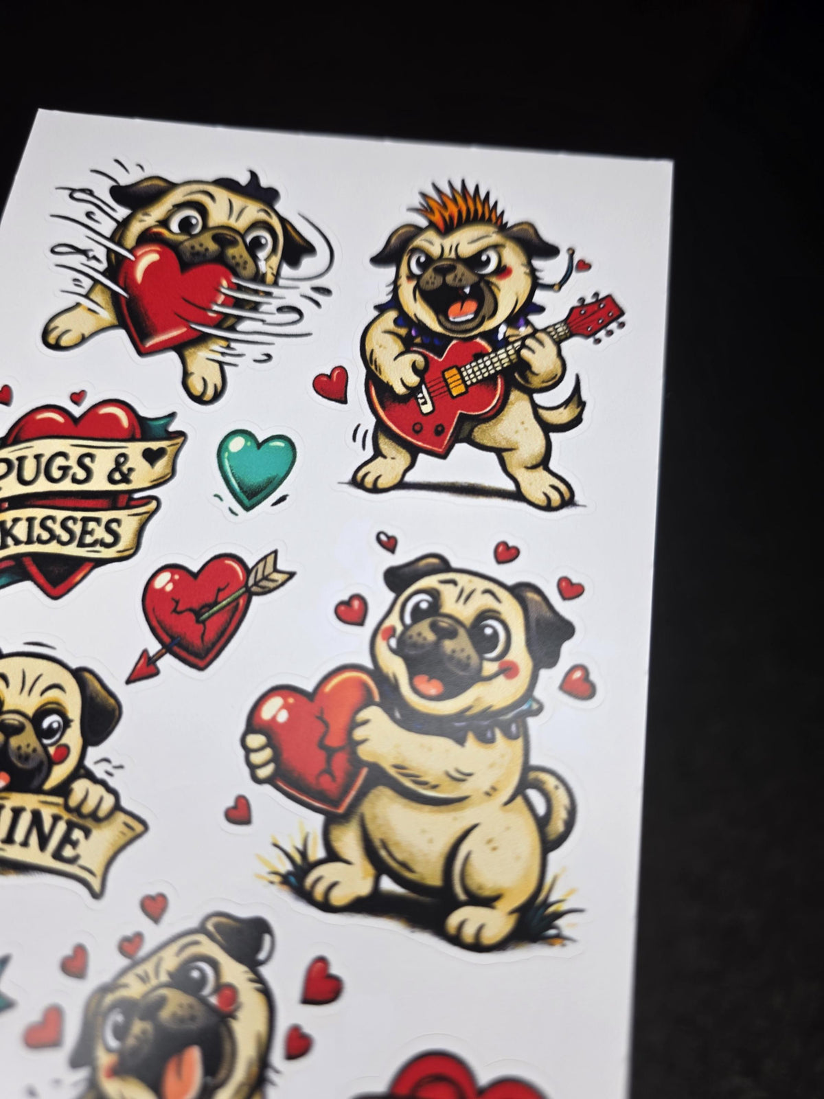Pugs & Kisses Valentine Sticker Sheet | Pug Funny Dog Love Stickers