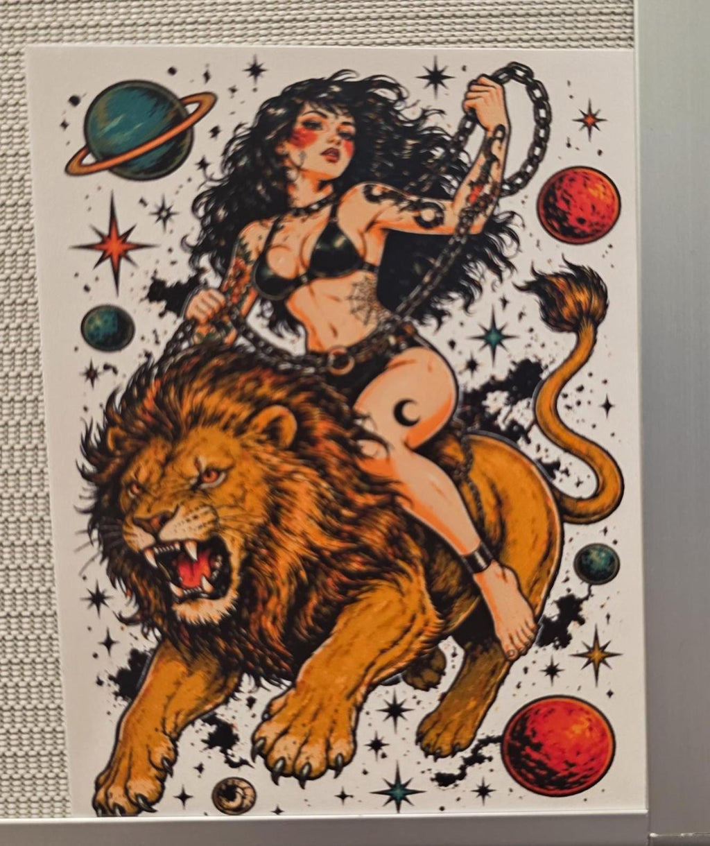Cosmic Lion Rider Sticker | Dark Feminine Tattoo Flash Vinyl Sticker | Witchy Space Cowgirl Pin-Up Art | Celestial Lion Decal