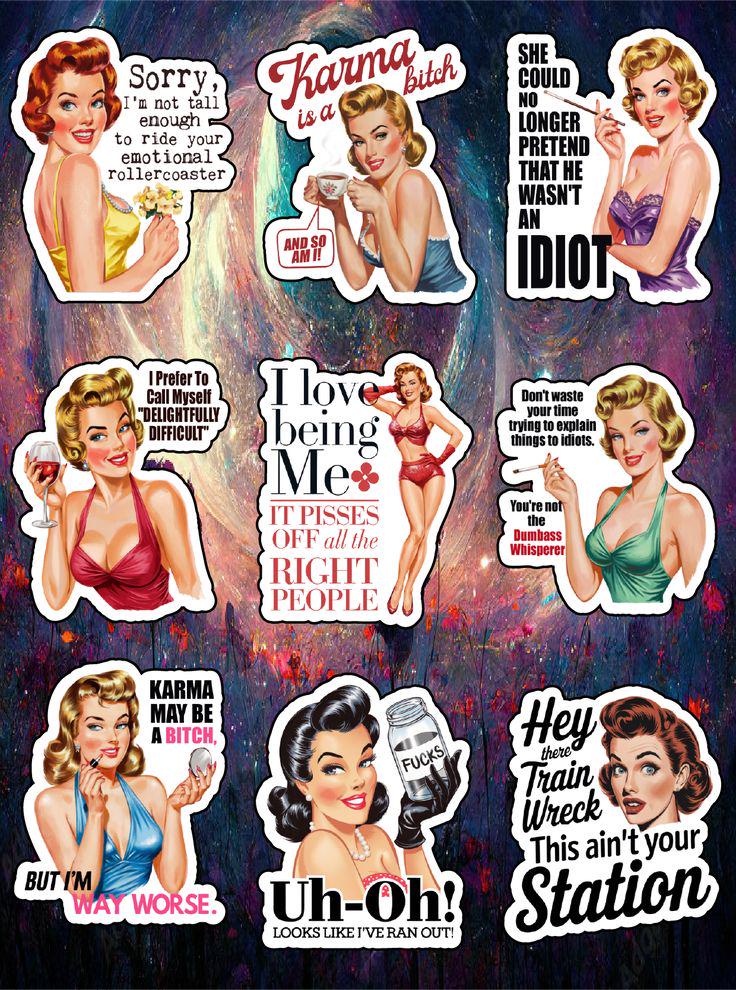 Sarcastic Pin-Up Sticker Bundle | Funny Digital Download | Retro Printable Attitude Art