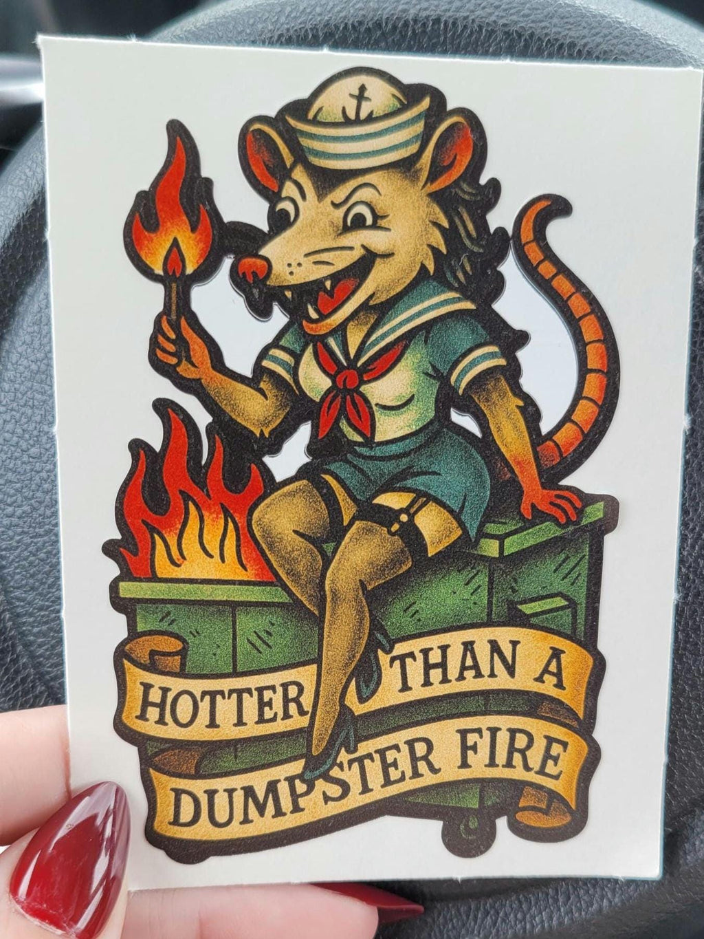 Funny Possum Pin-Up Sticker: Hotter Than a Dumpster Fire Vinyl Decal