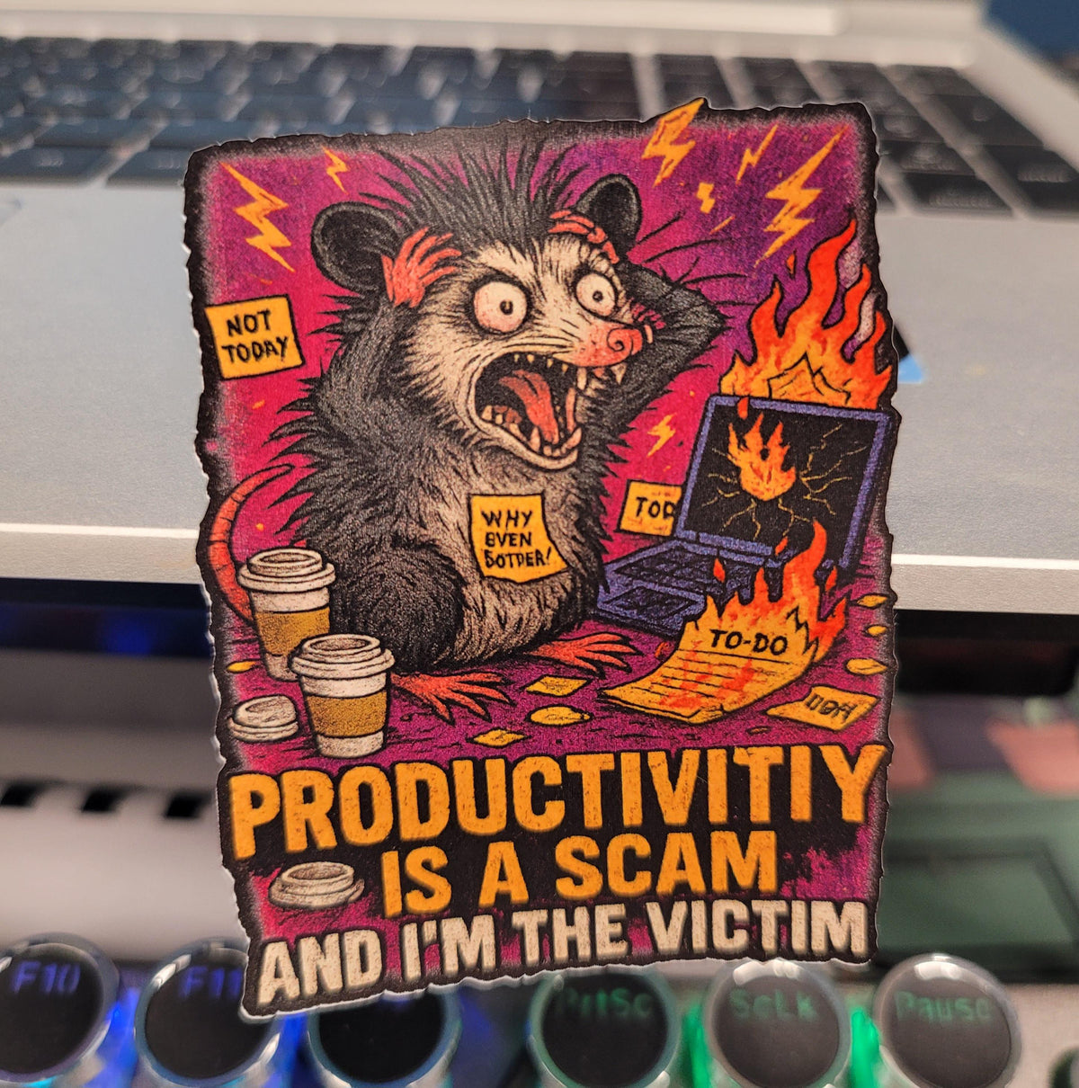 Funny Possum Burnout Sticker: Chaotic Laptop Meme Vinyl Decal