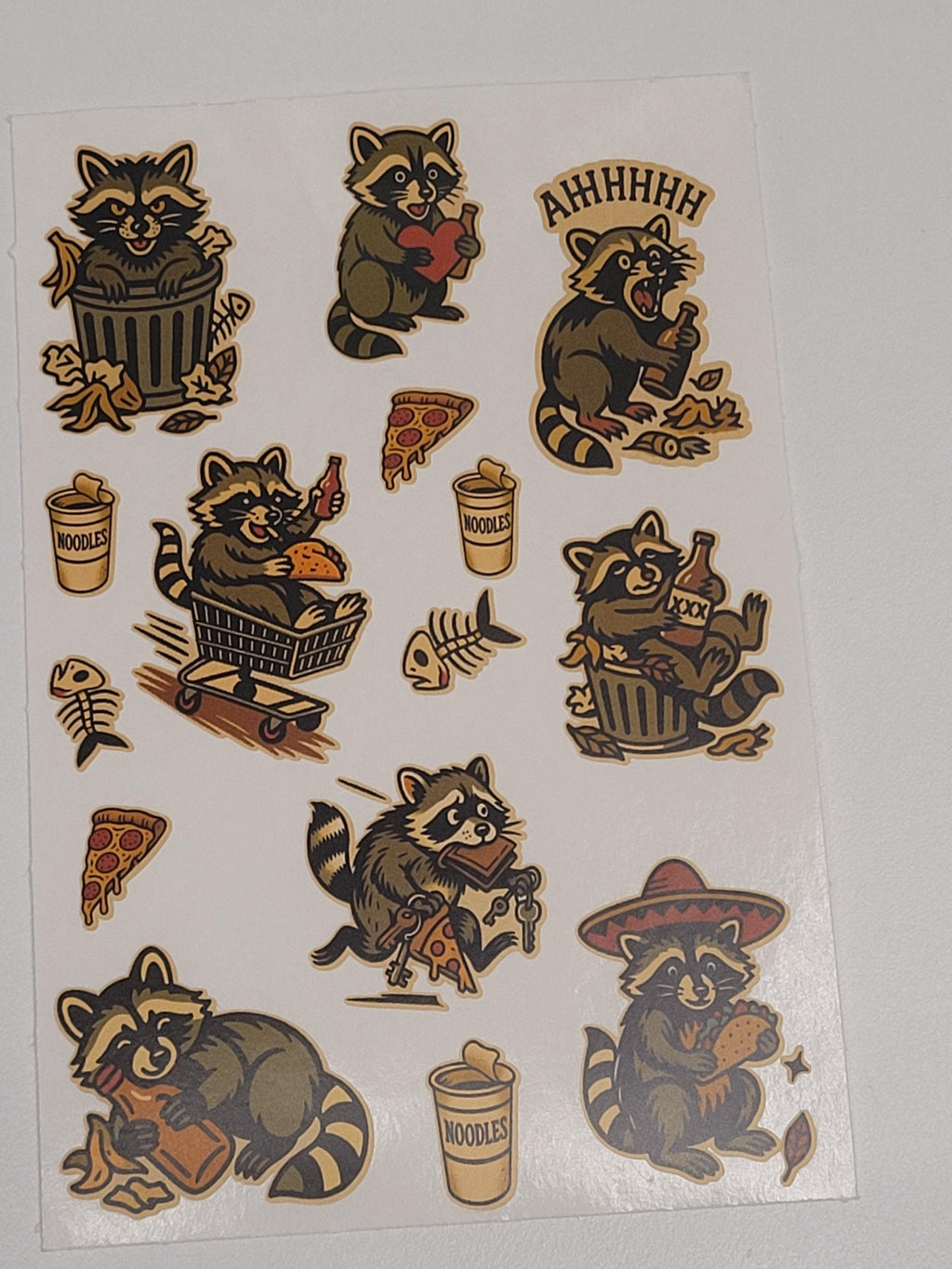 Traditional style michivious Raccoon sticker sheet-Raccoons, noodle cups, bones,pizza