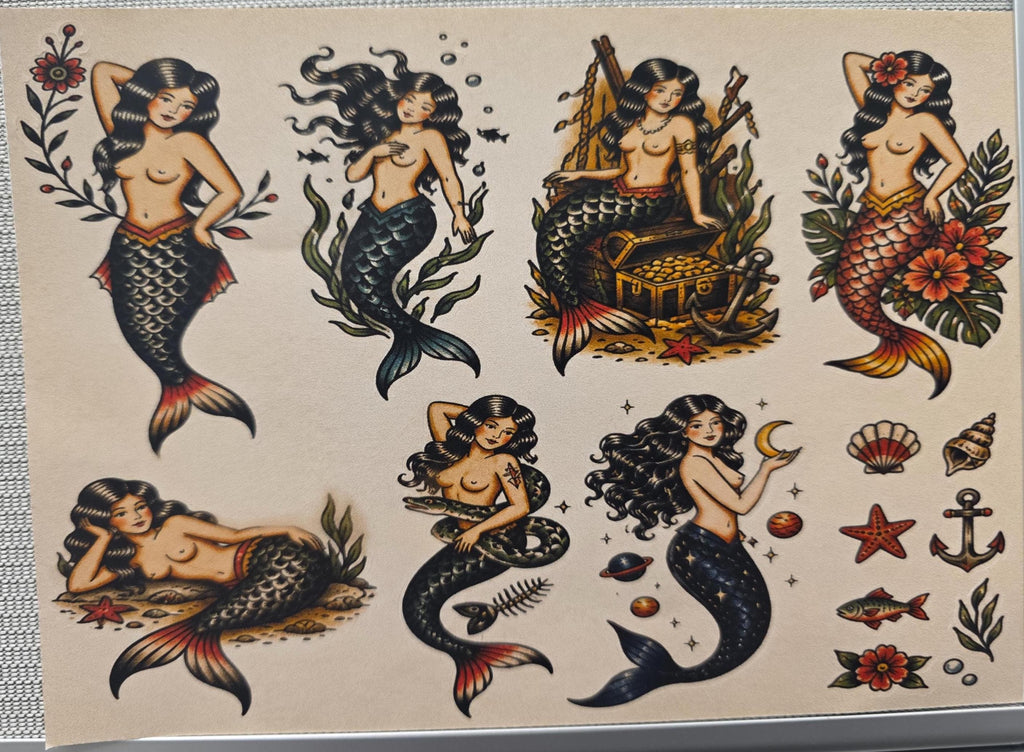 Mermaid Tattoo Flash Sticker Sheet: Mermaid,Nautical,  Pin up, Flash, Traditional art style