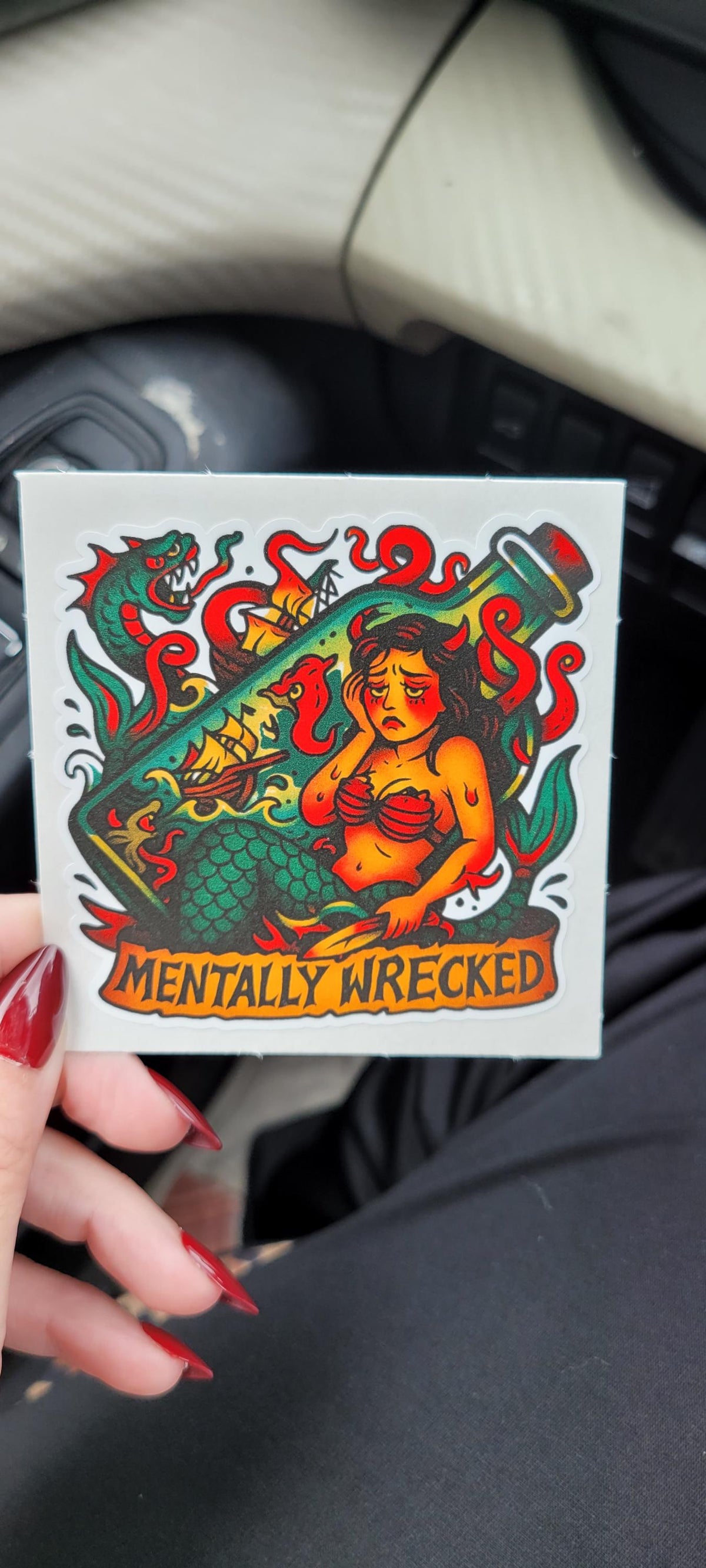 Mentally Wrecked Mermaid Sticker: Funny Tattoo Flash Vinyl Decal