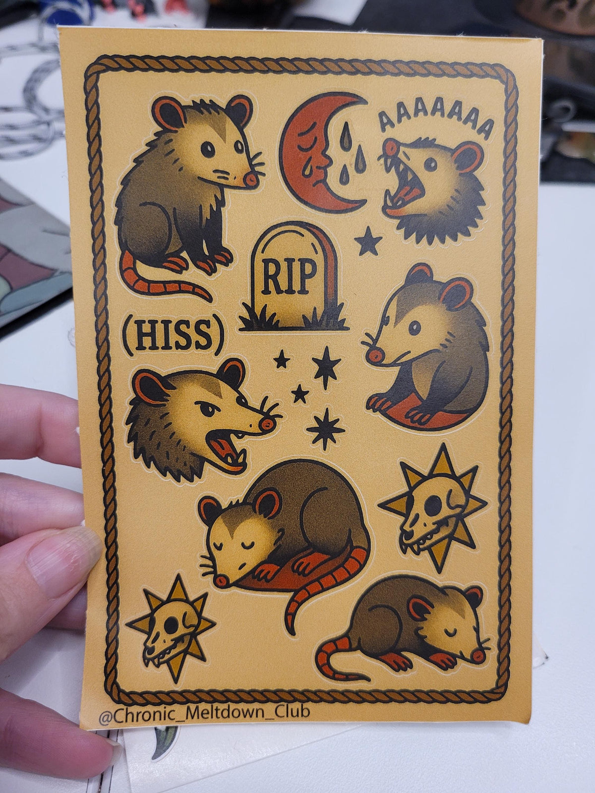 Traditional Style Feral Possum Tattoo Flash Sticker Sheet – Chaos Critters
