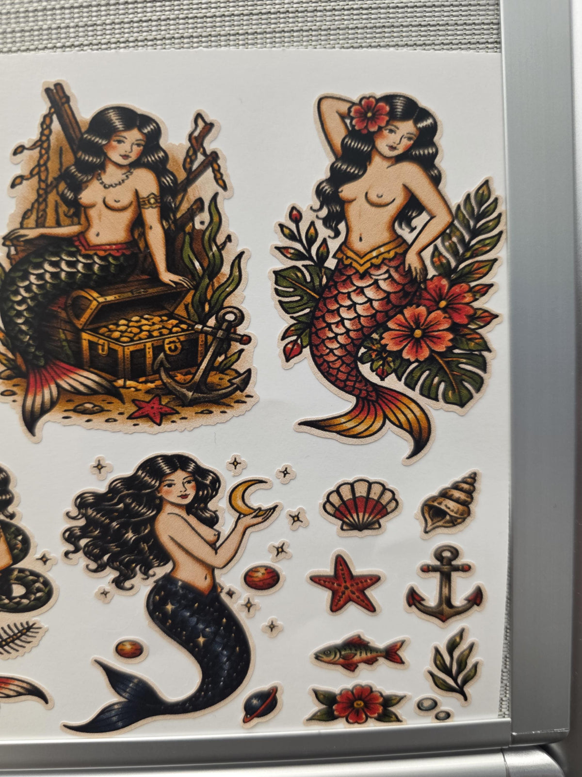 Mermaid Tattoo Flash Sticker Sheet: Mermaid,Nautical,  Pin up, Flash, Traditional art style