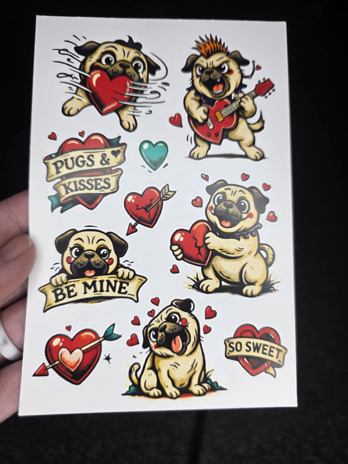 Pugs & Kisses Valentine Sticker Sheet | Pug Funny Dog Love Stickers