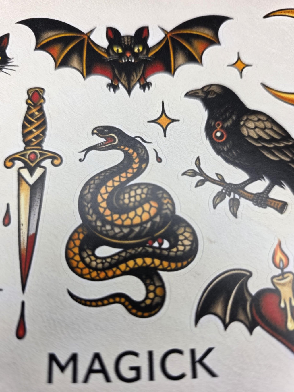 Witchy Tattoo Flash Stickers | Black Cat, Bat, Snake, Moon Designs
