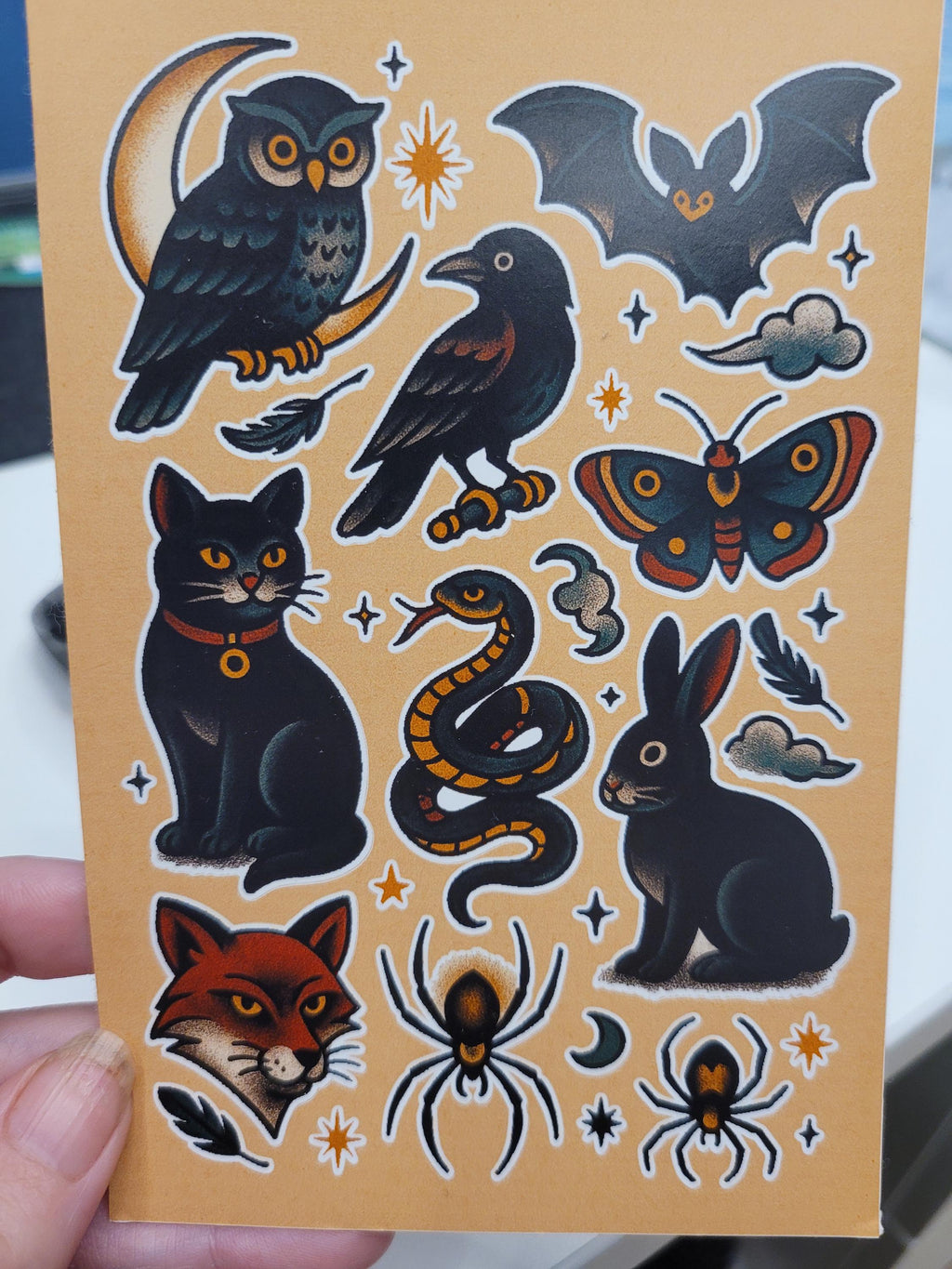 Witchy Familiars Sticker Sheet – Tattoo Flash, Waterproof Vinyl