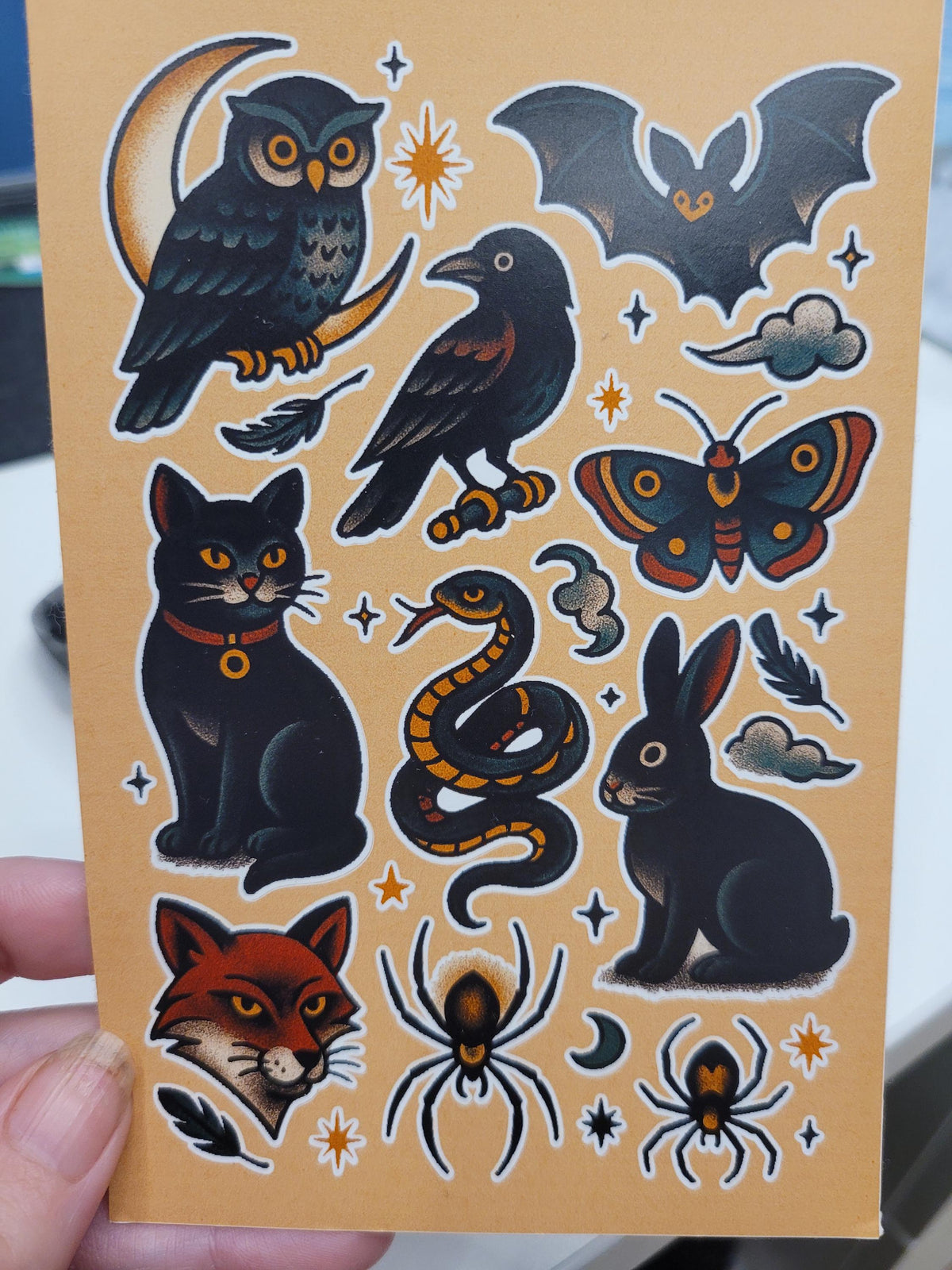 Witchy Familiars Sticker Sheet – Tattoo Flash, Waterproof Vinyl
