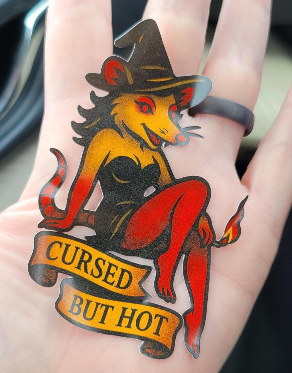 Cursed But Hot Possum Sticker: Witchy Goth Pin-Up Vinyl Decal