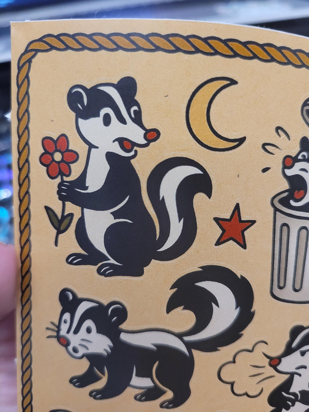 Skunk Traditional Style Sticker sheet- hearts,stars, skunks