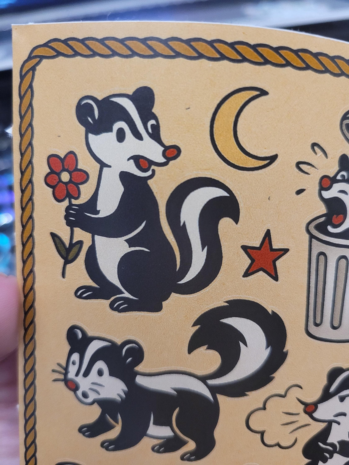 Skunk Traditional Style Sticker sheet- hearts,stars, skunks