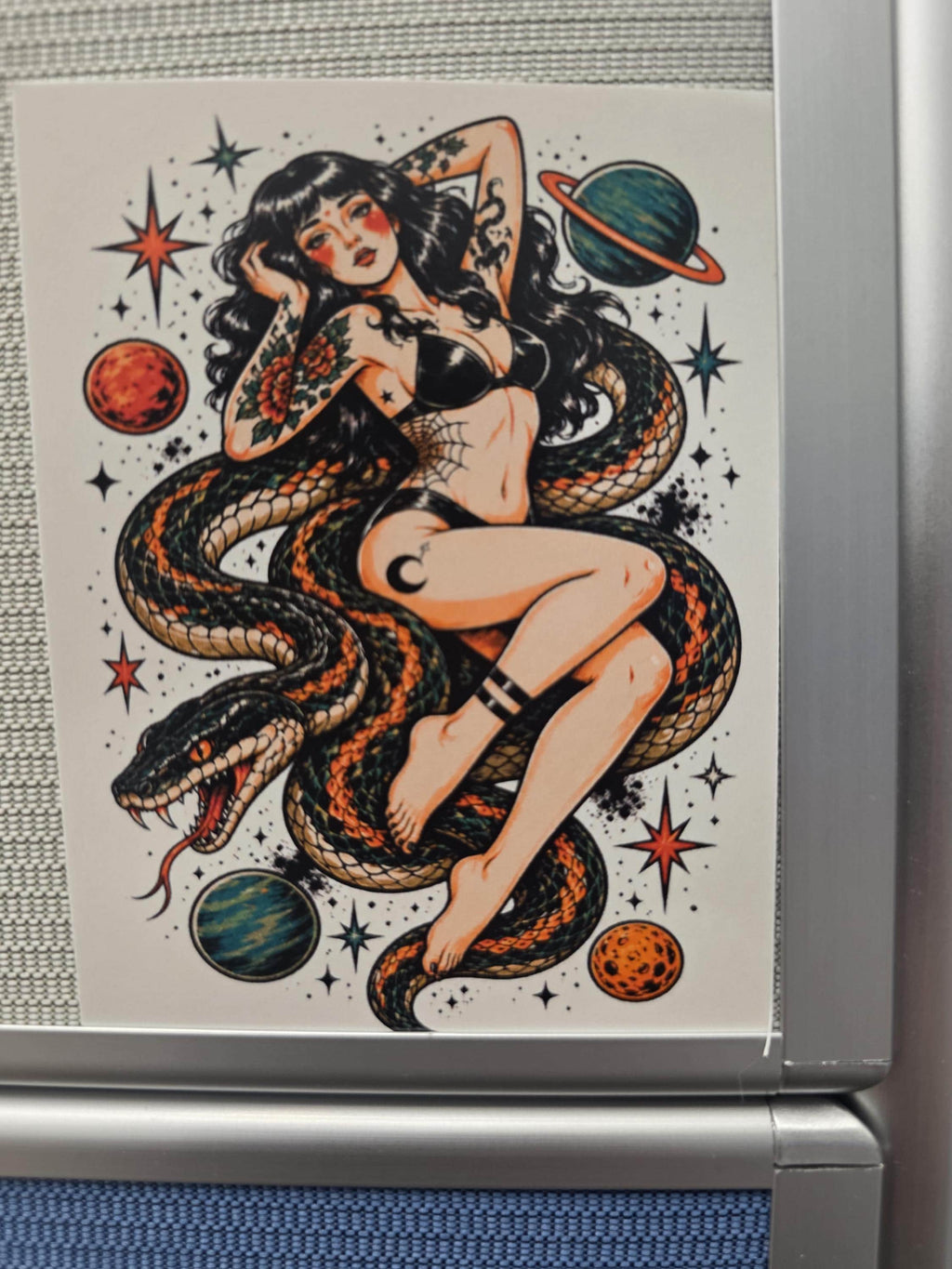Cosmic Snake Goddess Sticker | Tattoo Flash Pin-Up Vinyl Sticker | Witchy Space Babe Art | Dark Feminine Traditional Tattoo Style Decal
