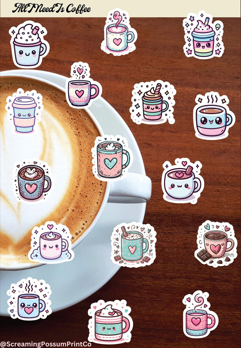Kawaii Coffee Sticker Sheet – Waterproof Planner Stickers