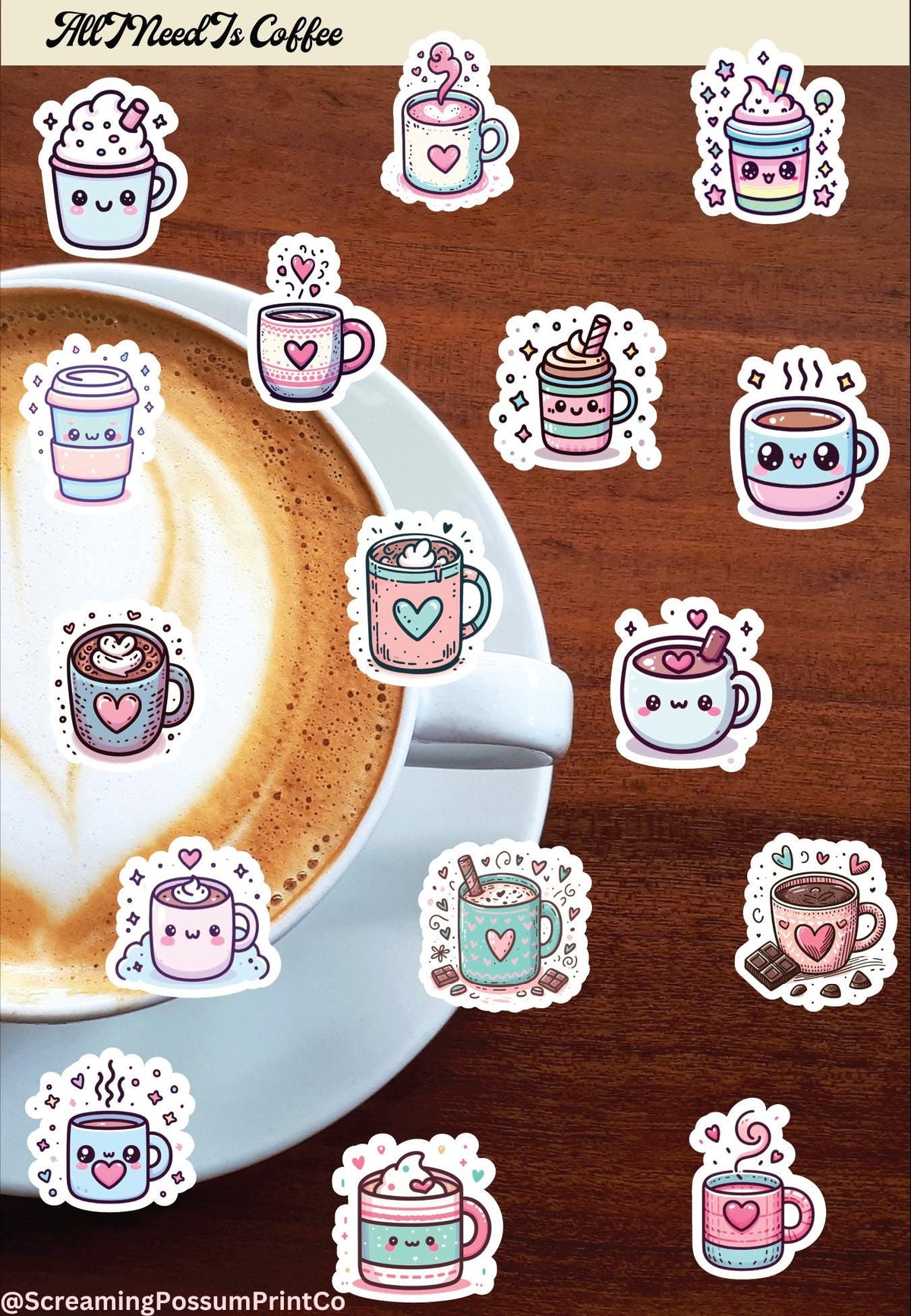 Kawaii Coffee Sticker Sheet – Waterproof Planner Stickers