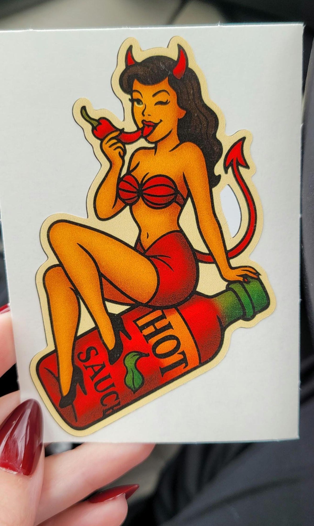 Spicy Devil Girl Sticker: Retro Tattoo Flash Pin-Up Decal
