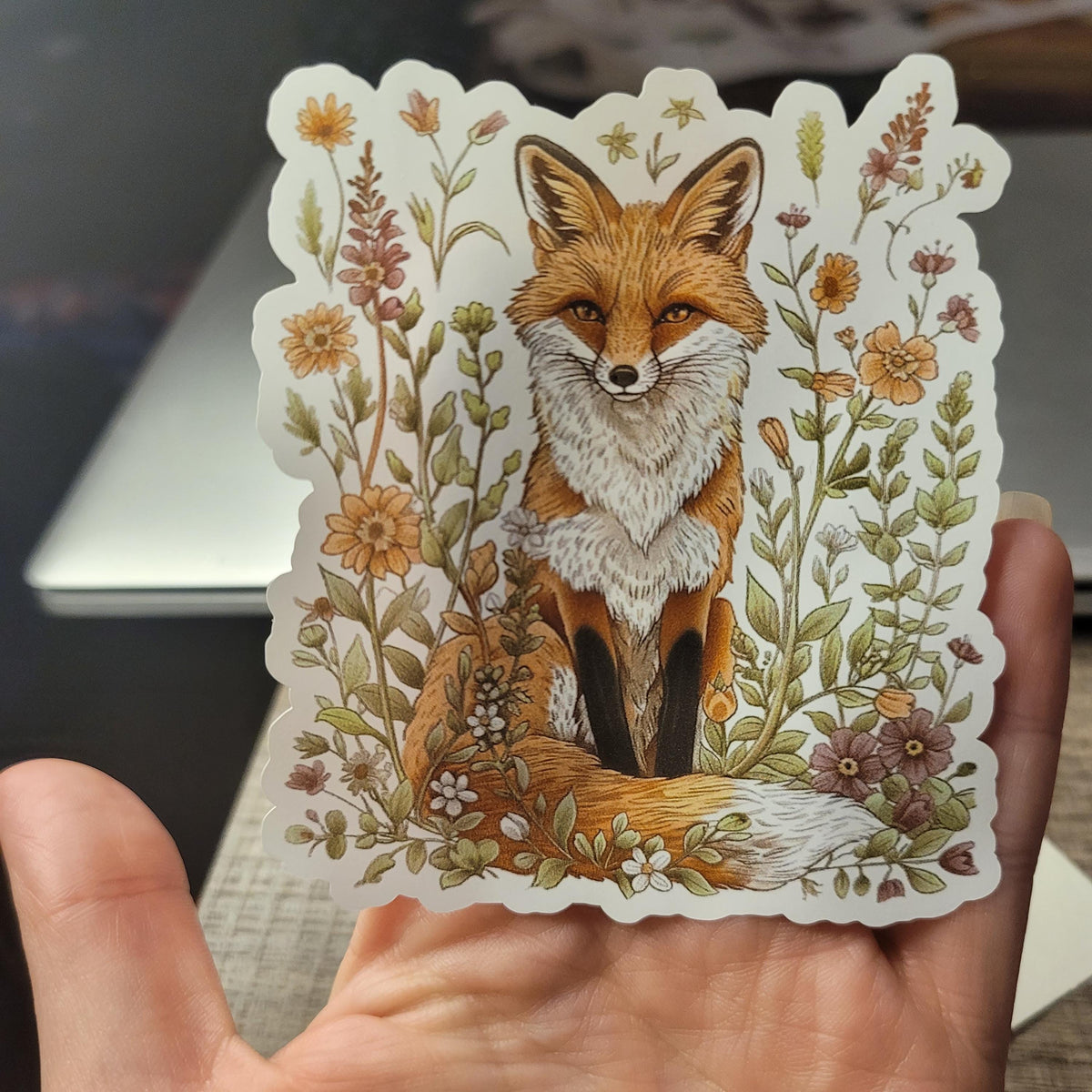 Floral Fox Sticker: Waterproof Vinyl Decal for Laptop, Water Bottle