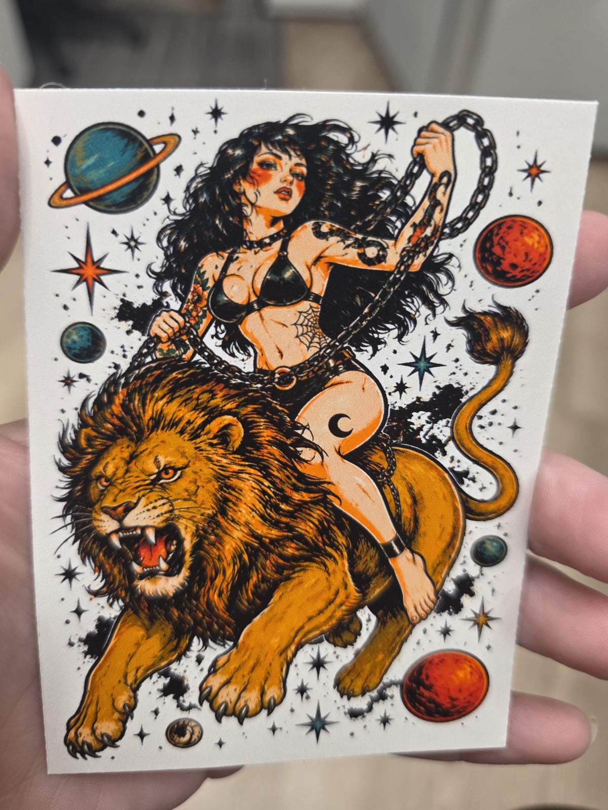 Cosmic Lion Rider Sticker | Dark Feminine Tattoo Flash Vinyl Sticker | Witchy Space Cowgirl Pin-Up Art | Celestial Lion Decal
