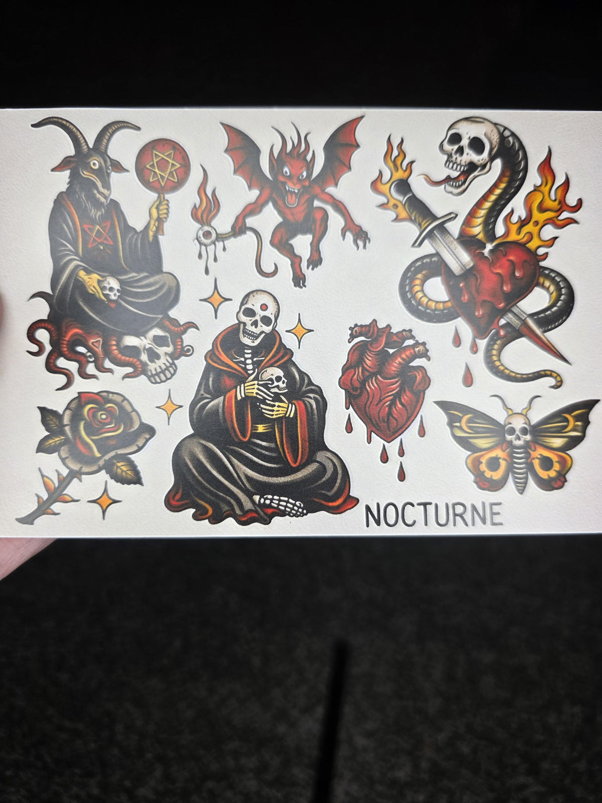 Nocturne | Dark Occult Tattoo Flash Sticker Sheet | Satanic Gothic Traditional Style