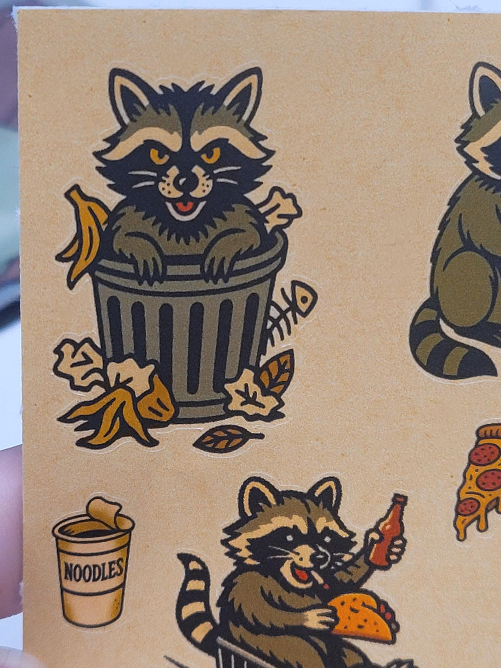 Traditional style michivious Raccoon sticker sheet-Raccoons, noodle cups, bones,pizza