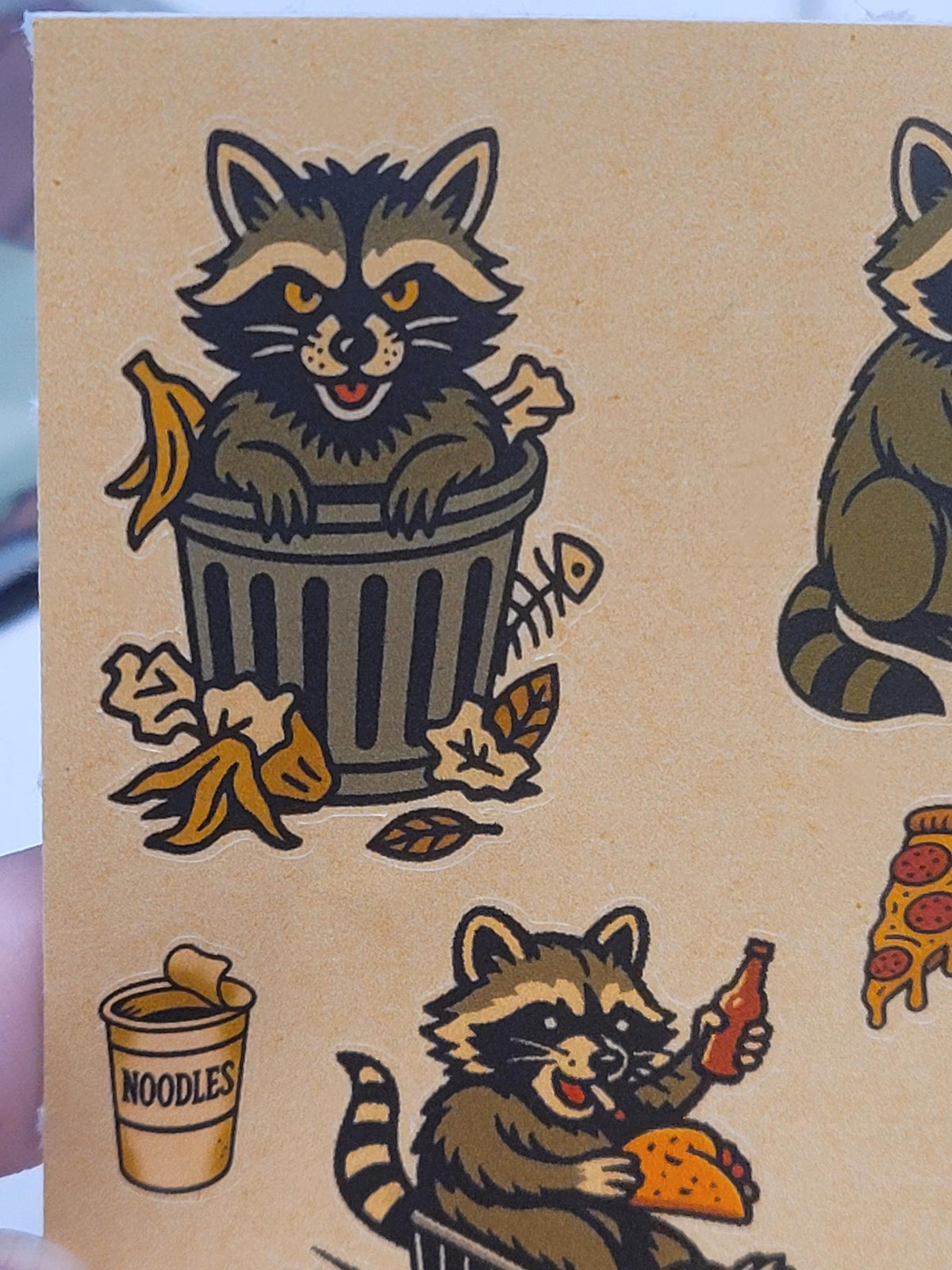 Traditional style michivious Raccoon sticker sheet-Raccoons, noodle cups, bones,pizza