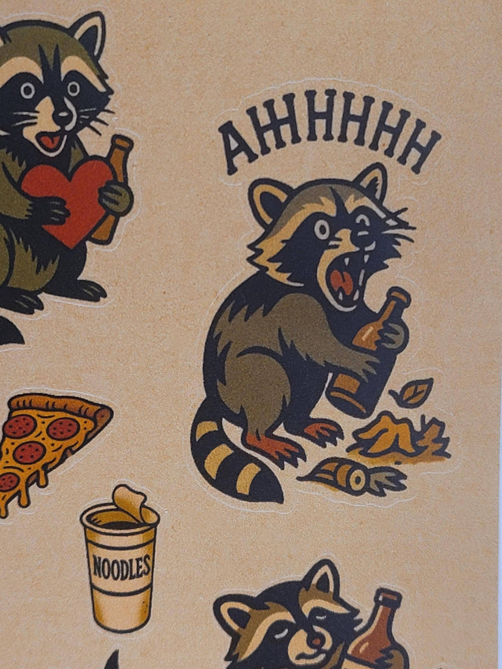 Traditional style michivious Raccoon sticker sheet-Raccoons, noodle cups, bones,pizza