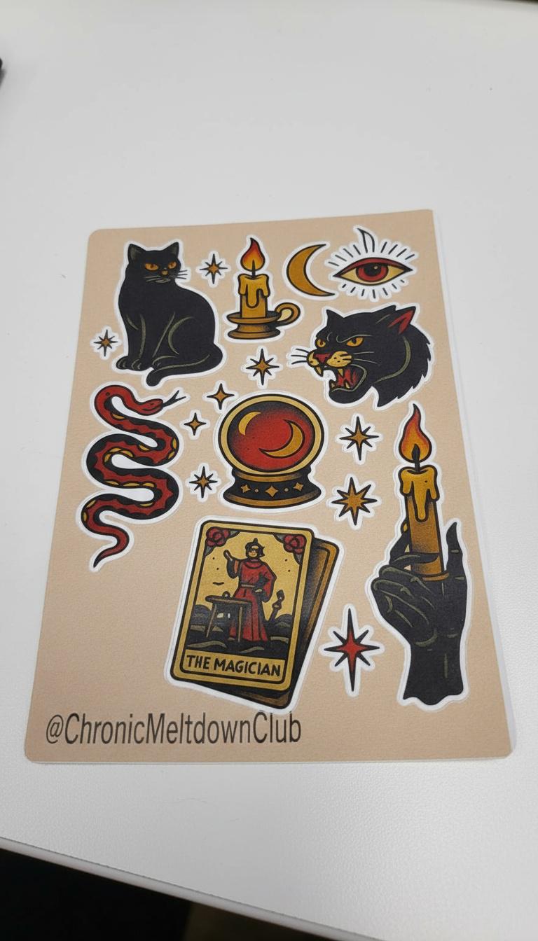 Witchy Tattoo Flash Sticker Sheet: Occult Cats, snake, Tarot, Stars