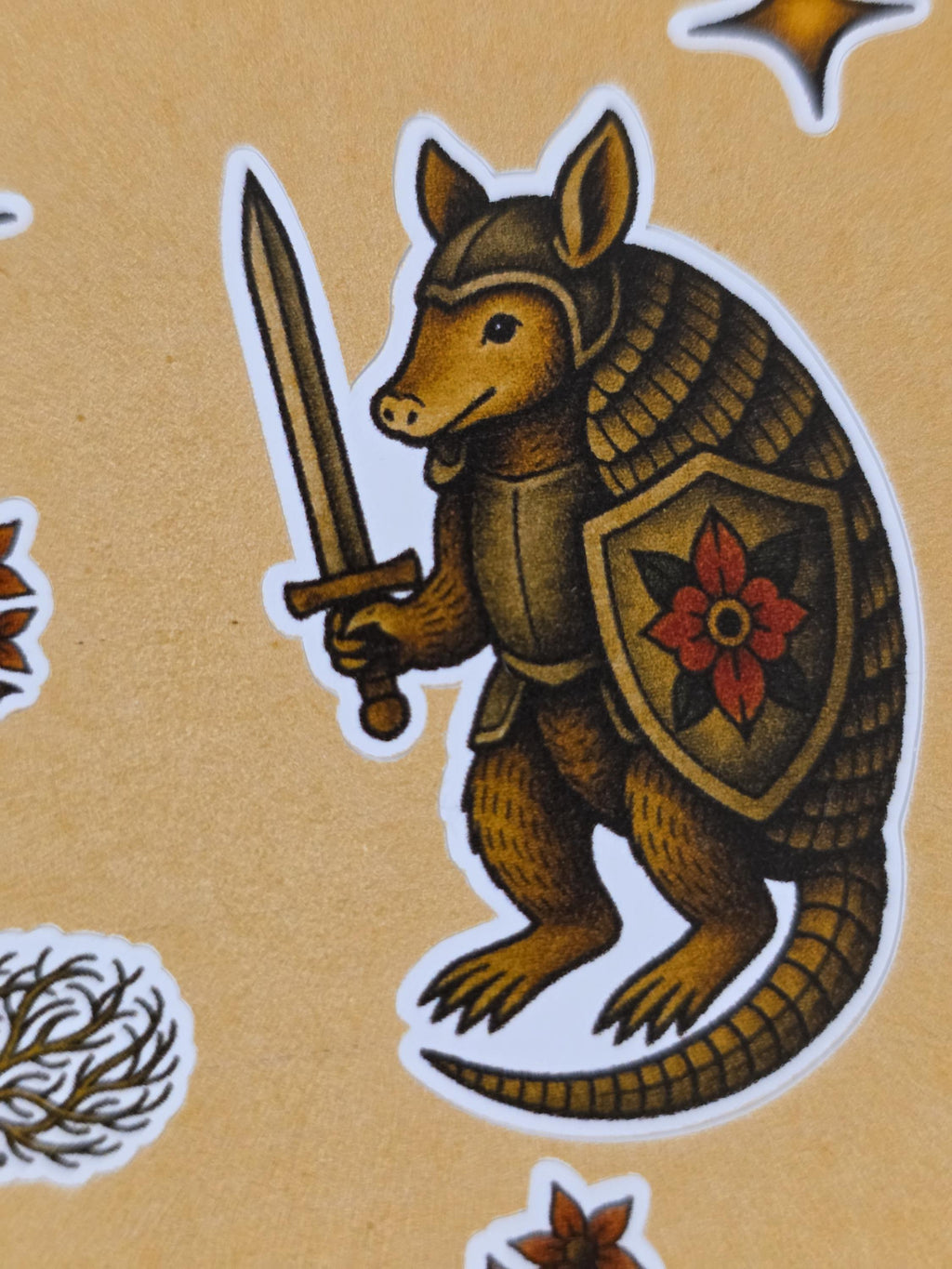 Armadillo Flash Sticker Sheet – Cowboy, Knight, Weightlifting, Rolling Dillo | 4×6 Western Tattoo Style