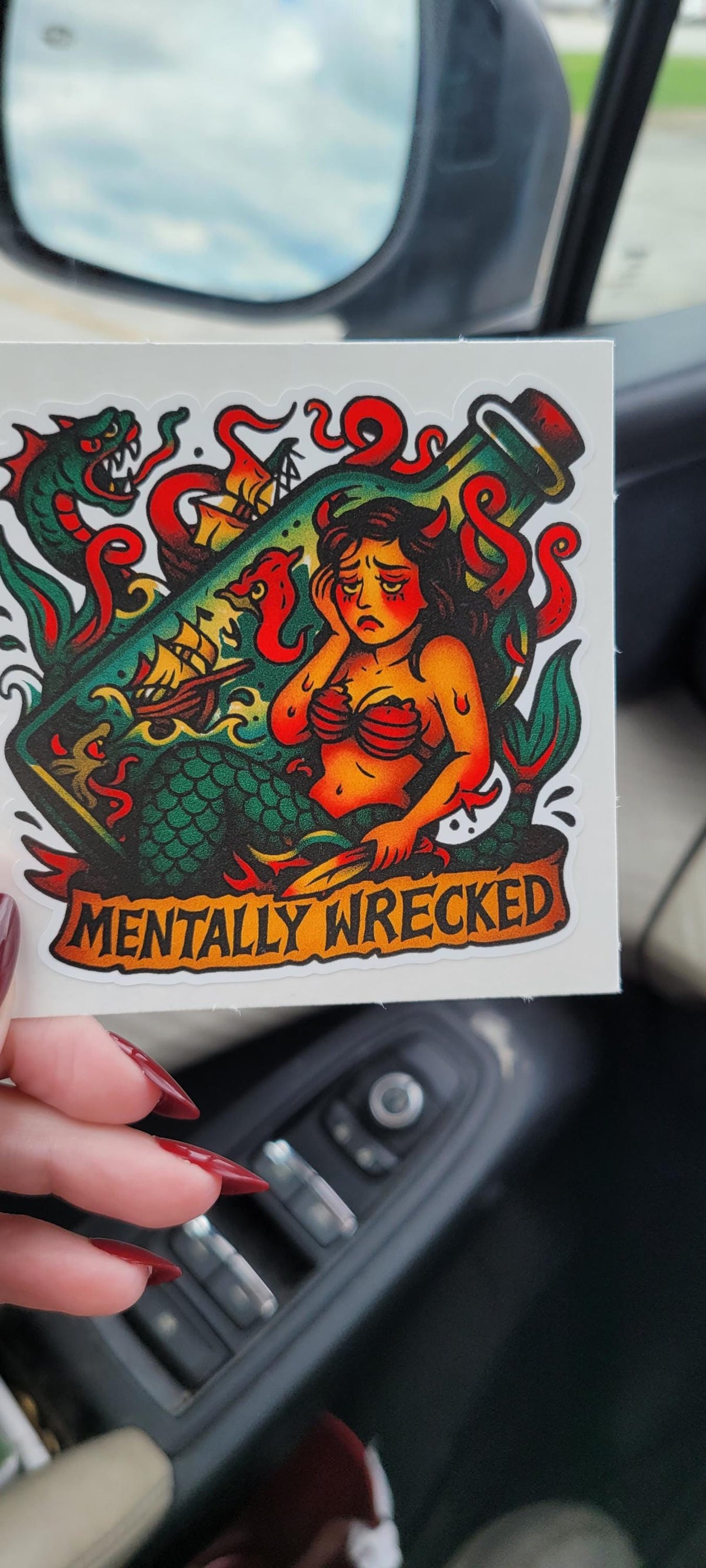 Mentally Wrecked Mermaid Sticker: Funny Tattoo Flash Vinyl Decal