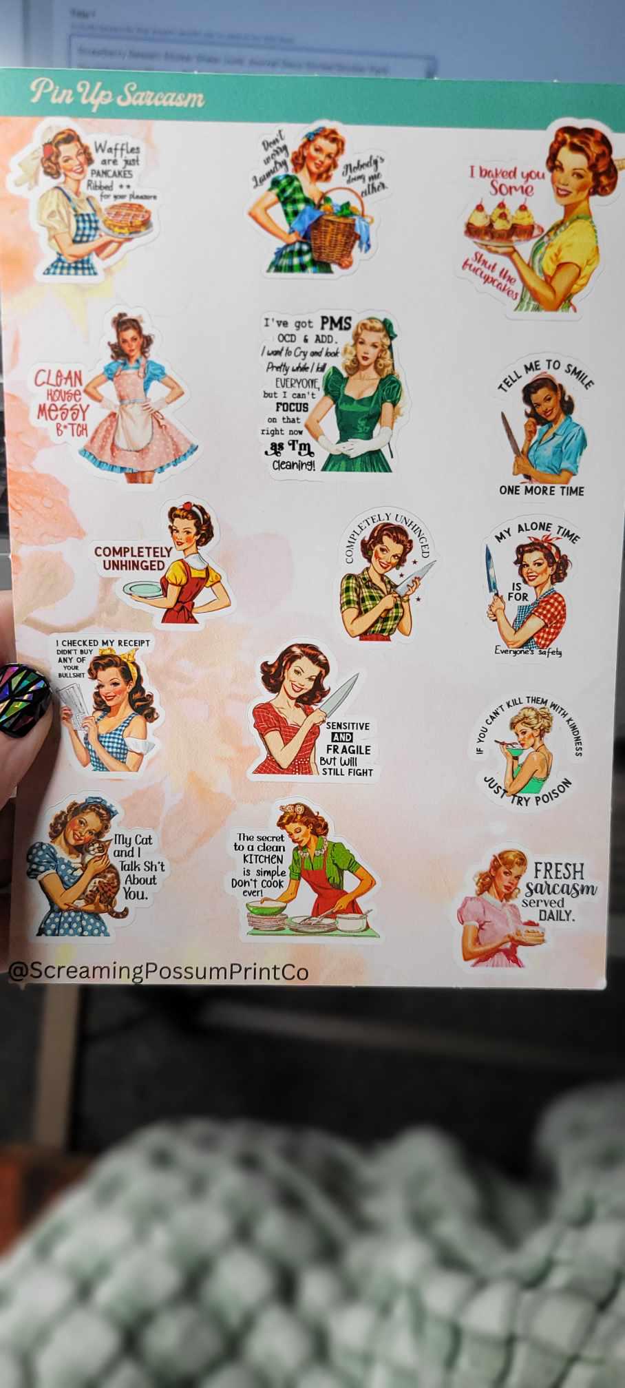 Retro Pin-Up Sarcastic Sticker Sheet: Waterproof Vinyl Stickers