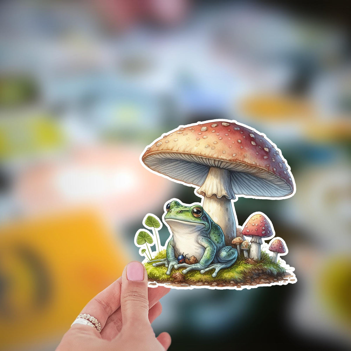 Frog and Mushrooms Vinyl Sticker: Cottagecore Laptop Decal