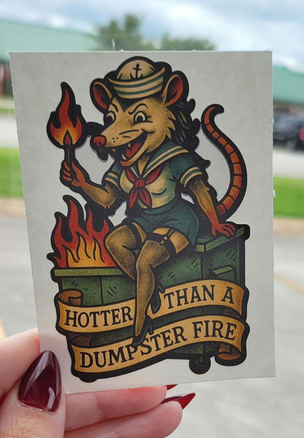 Funny Possum Pin-Up Sticker: Hotter Than a Dumpster Fire Vinyl Decal