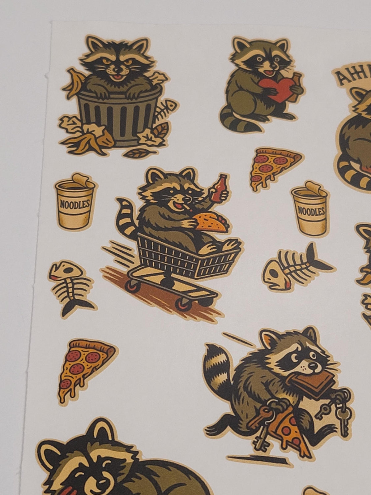 Traditional style michivious Raccoon sticker sheet-Raccoons, noodle cups, bones,pizza