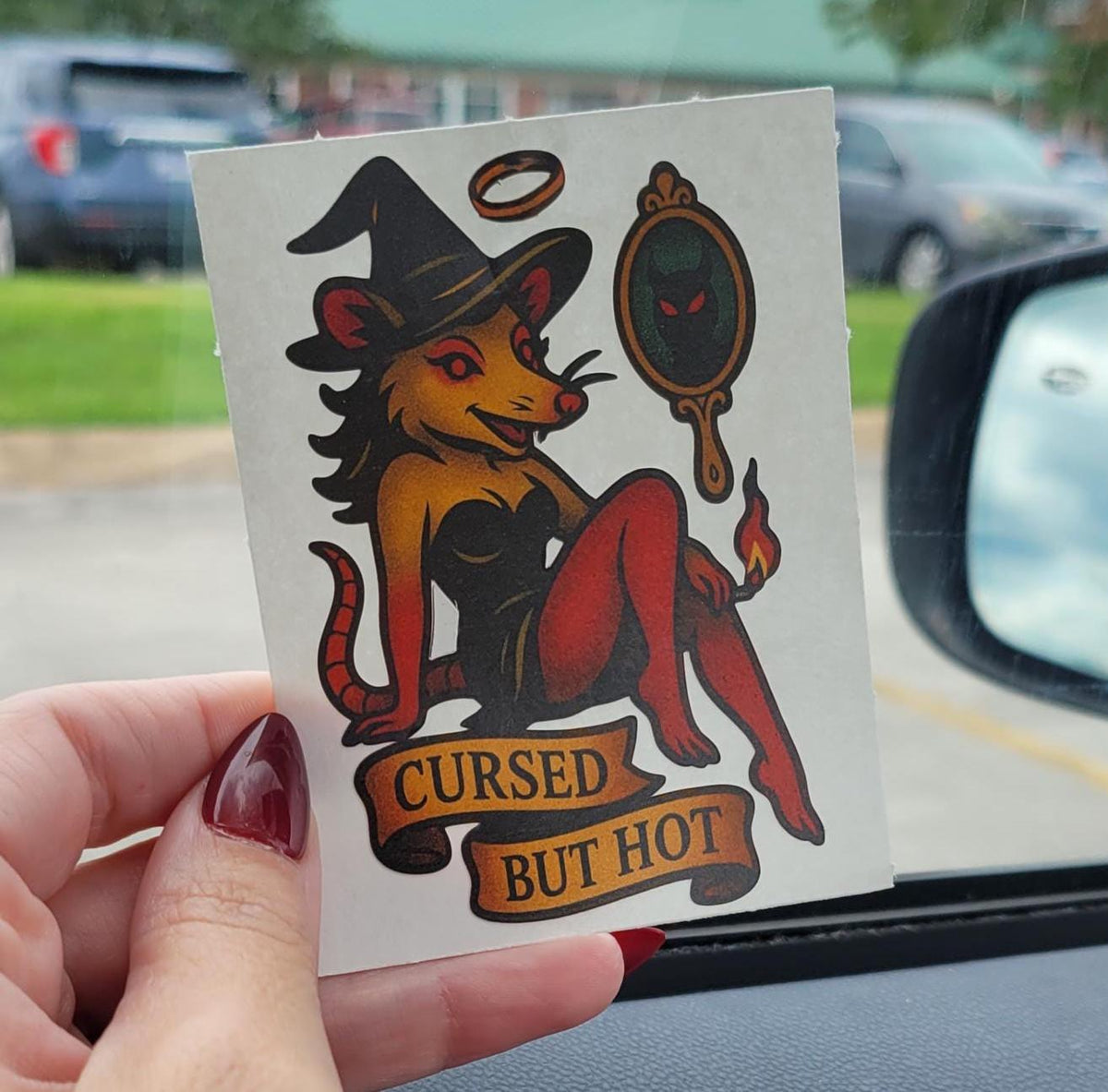 Cursed But Hot Possum Sticker: Witchy Goth Pin-Up Vinyl Decal