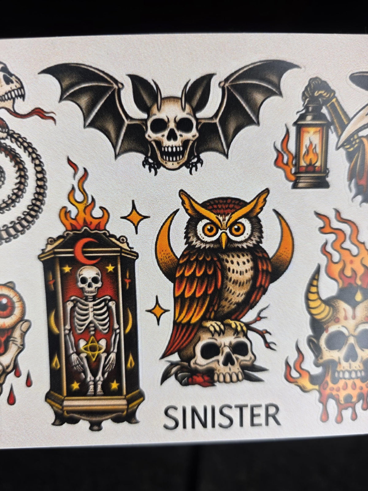 Sinister Tattoo Flash Sticker Sheet | Dark Gothic Skulls & Occult Art | Traditional Horror Stickers