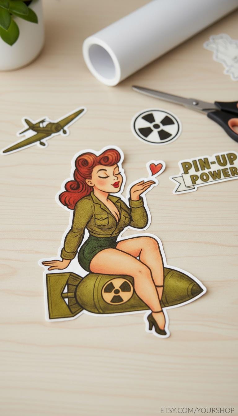 Retro Pin-Up Girl Sticker – Atomic Bombshell Tattoo, Waterproof Vinyl Decal