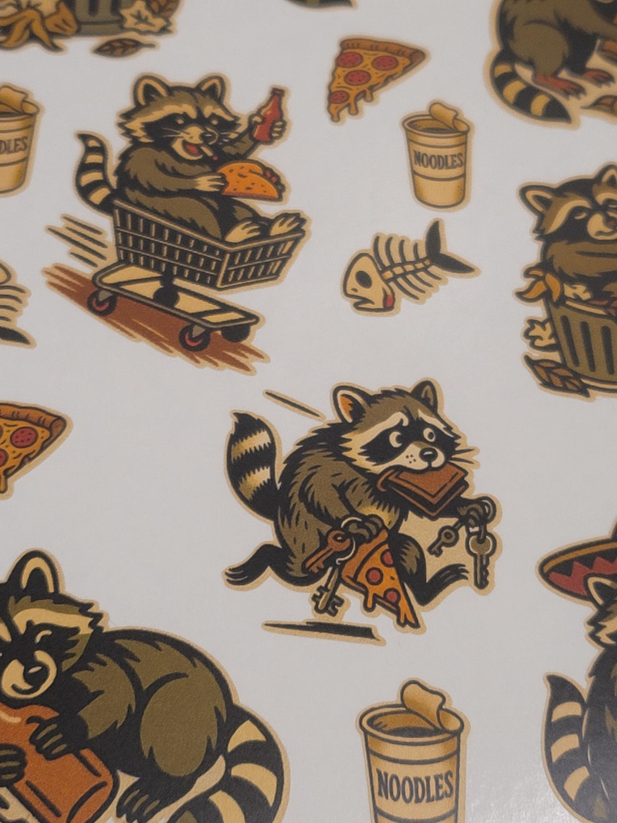 Traditional style michivious Raccoon sticker sheet-Raccoons, noodle cups, bones,pizza