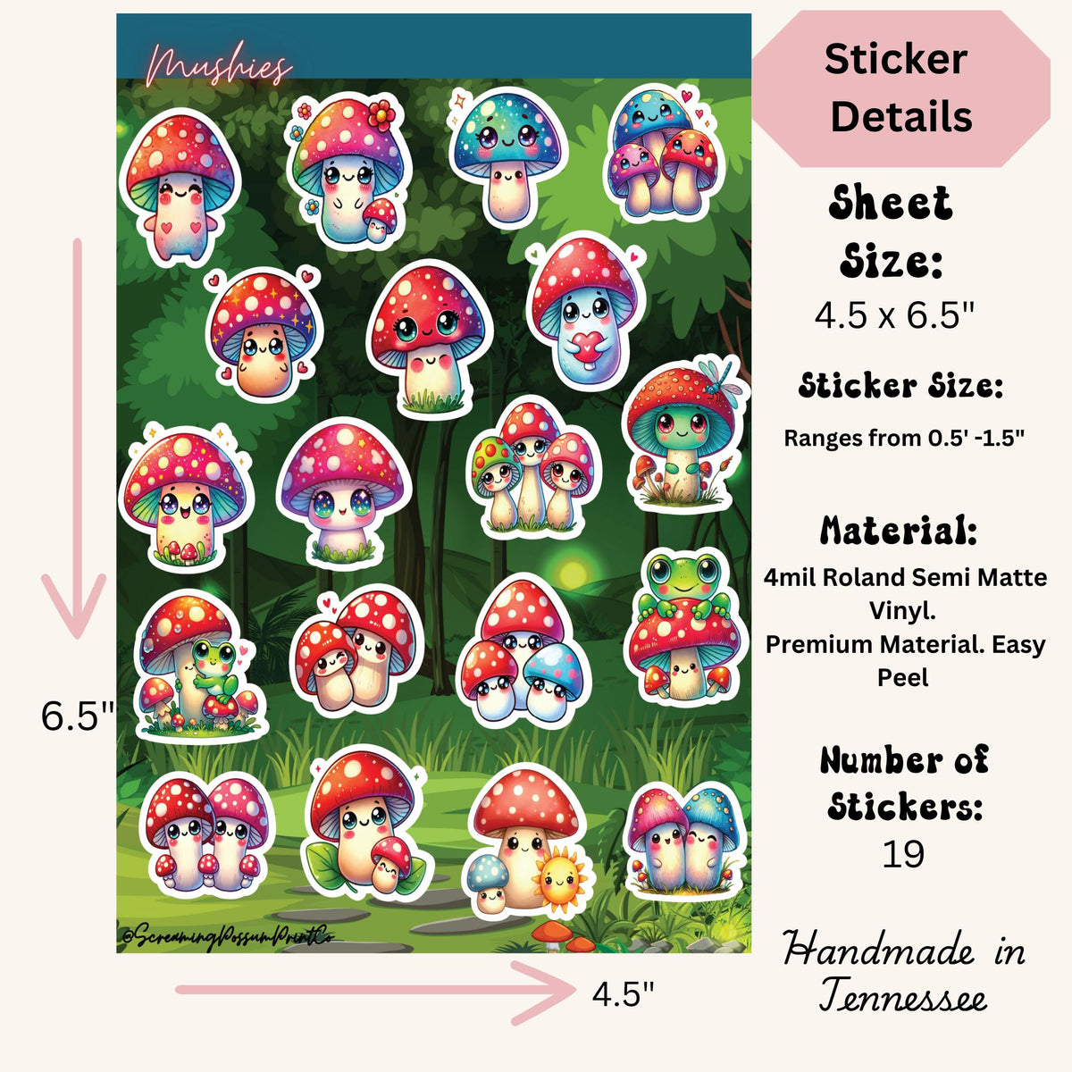 Kawaii Mushroom Sticker Sheet: Waterproof Vinyl Stickers