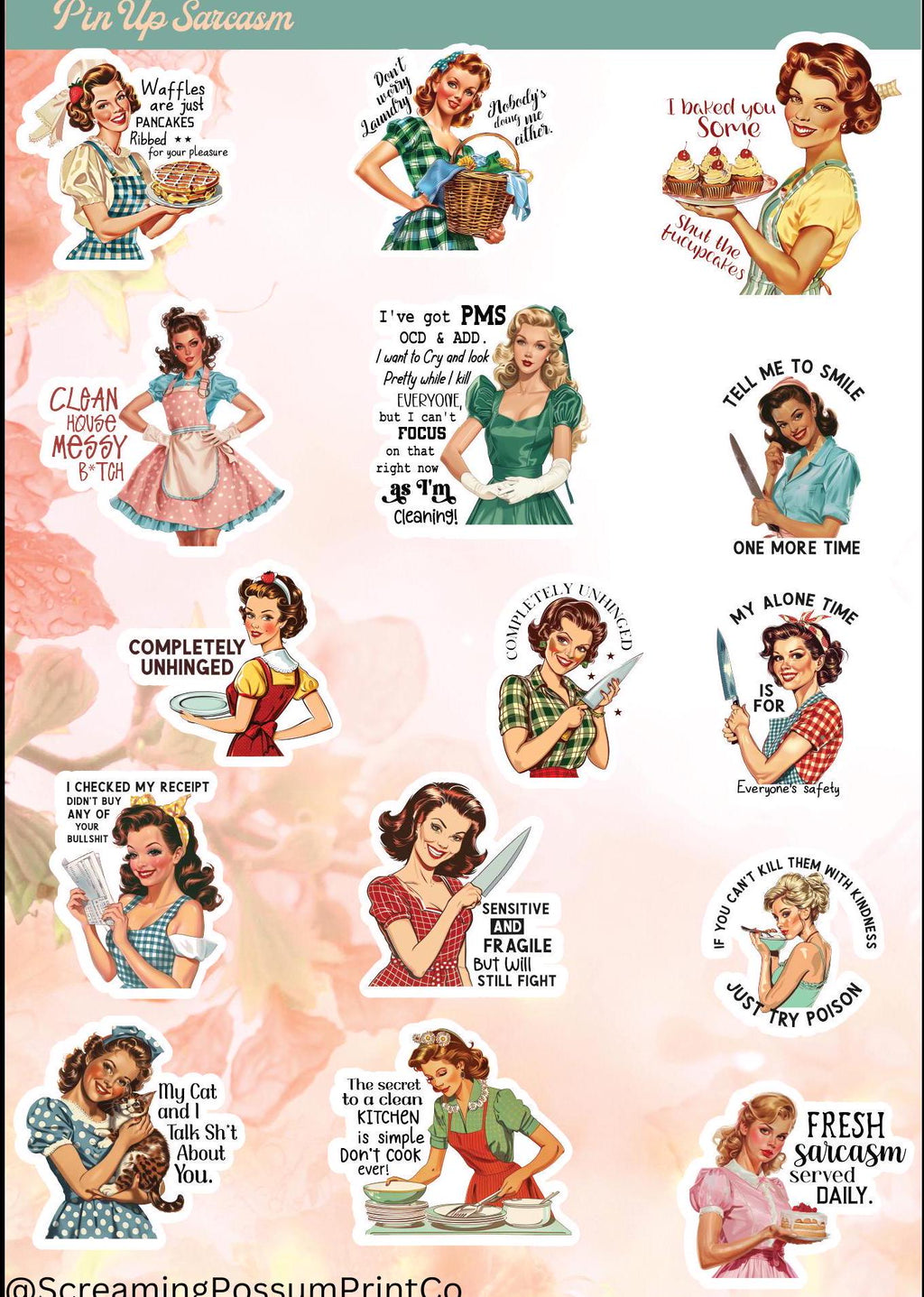 Retro Pin-Up Sarcastic Sticker Sheet: Waterproof Vinyl Stickers