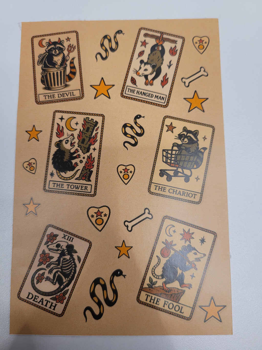 Witchy Tarot Critter Flash Sticker Sheet: Occult Cats, Skulls, Tarot, bones, snakes