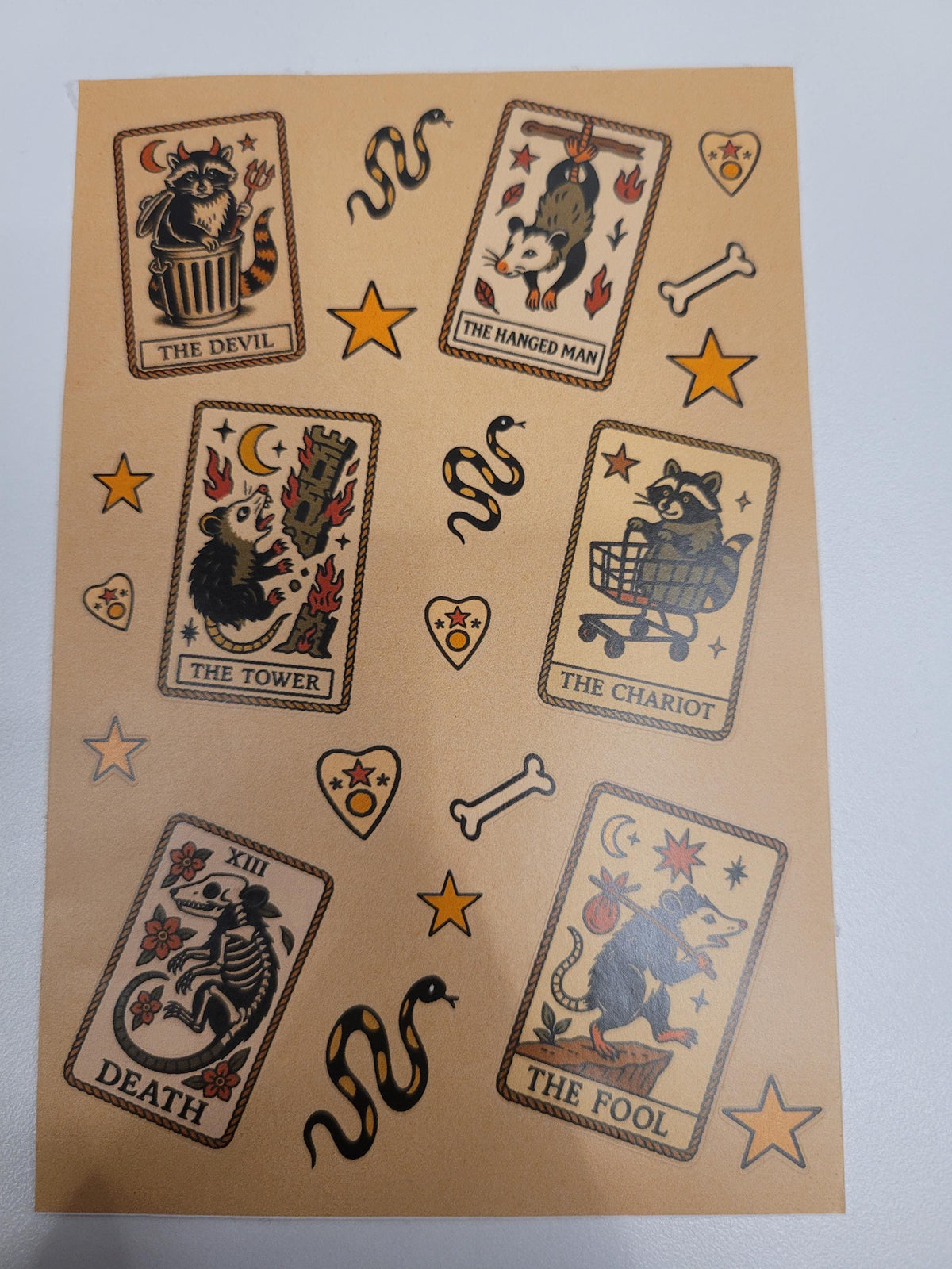 Witchy Tarot Critter Flash Sticker Sheet: Occult Cats, Skulls, Tarot, bones, snakes