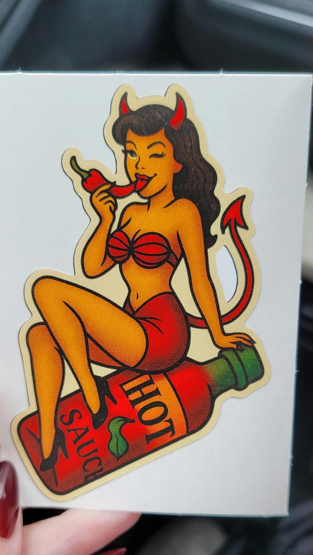 Spicy Devil Girl Sticker: Retro Tattoo Flash Pin-Up Decal