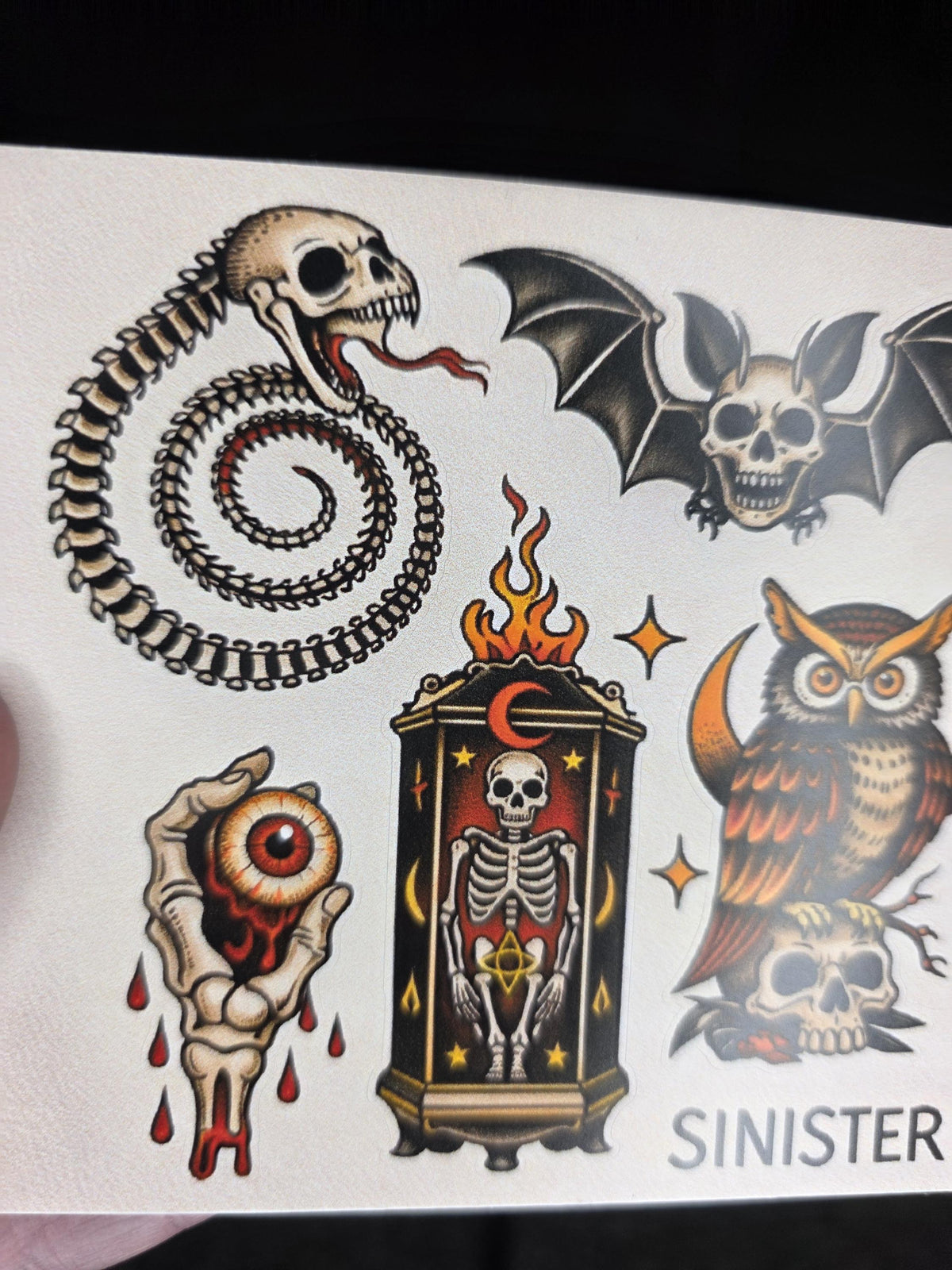 Sinister Tattoo Flash Sticker Sheet | Dark Gothic Skulls & Occult Art | Traditional Horror Stickers