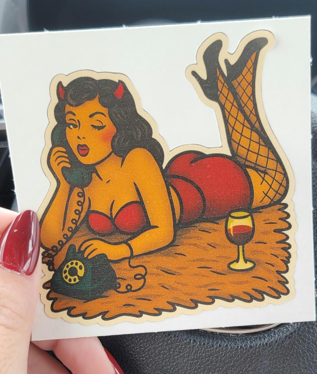 Vintage Tattoo Devil Pin-Up Girl Sticker: Retro Vinyl Decal