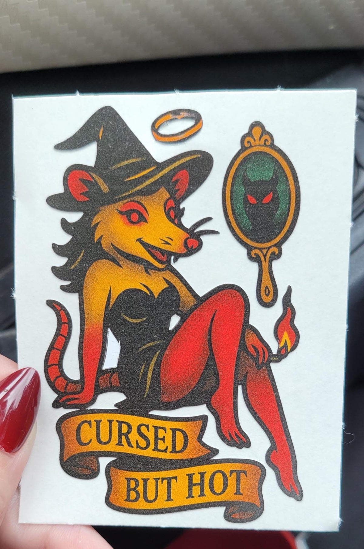 Cursed But Hot Possum Sticker: Witchy Goth Pin-Up Vinyl Decal