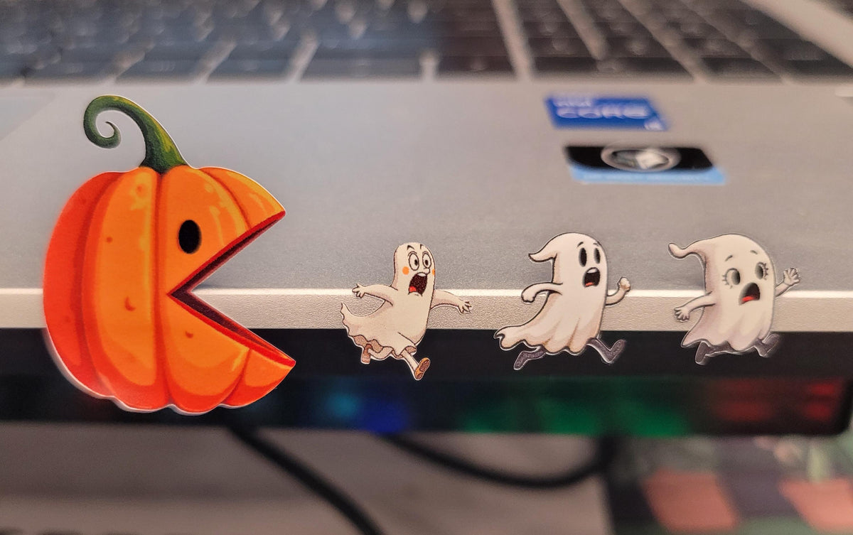 Pumpkin Pac-Man Halloween Sticker: Funny Retro Gaming Decal
